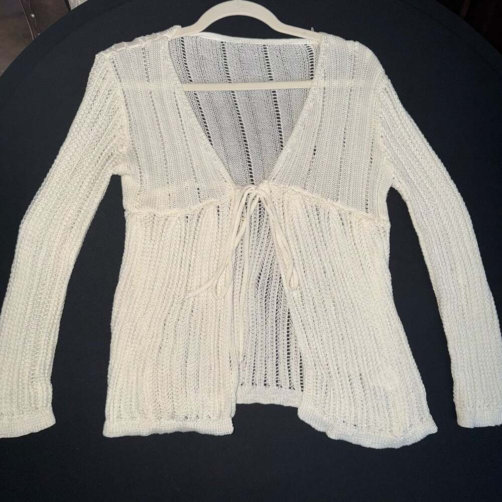 Shein Sheer Ribbed Knit Cardigan With Tie-Front